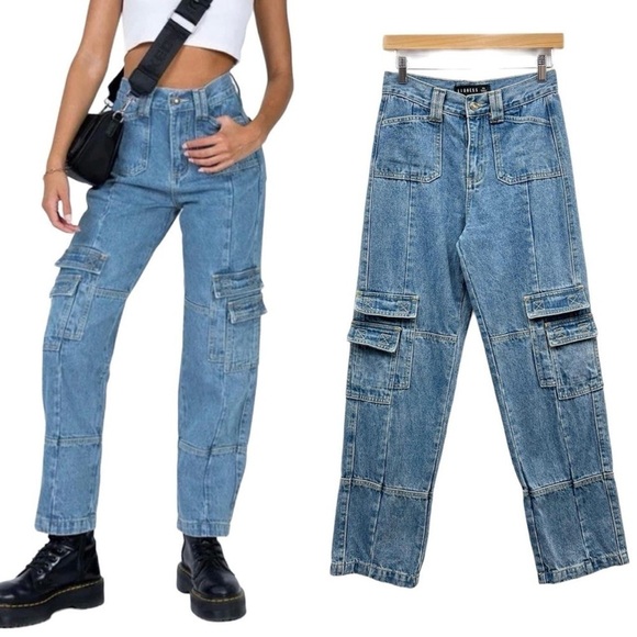 Lioness Women's High Rise Cargo Pockets Jeans Sz XXL Pockets Med Wash W 32 Y2K - Picture 1 of 11